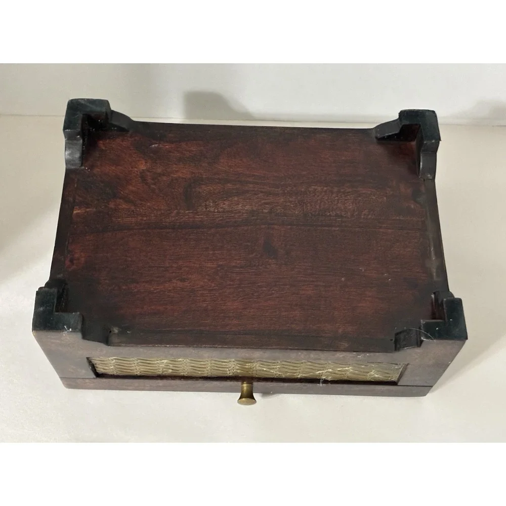 Pier One Wooden Hinged Keepsake Box Dark Wood Tone With Feet And Gold Accent NEW